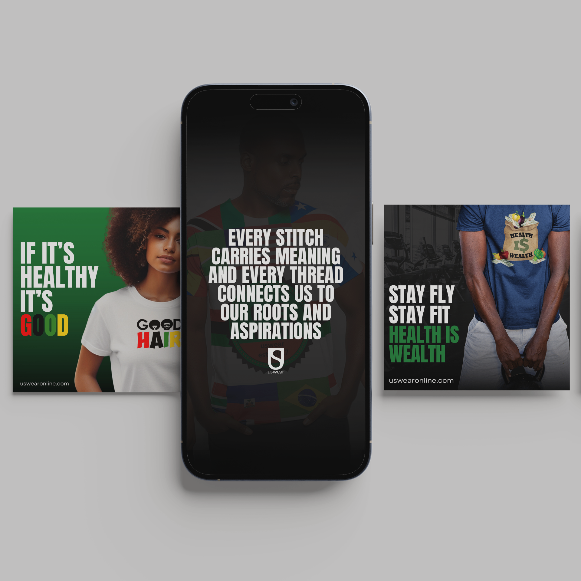 USWear social media campaign graphics shown on print boards and a phone