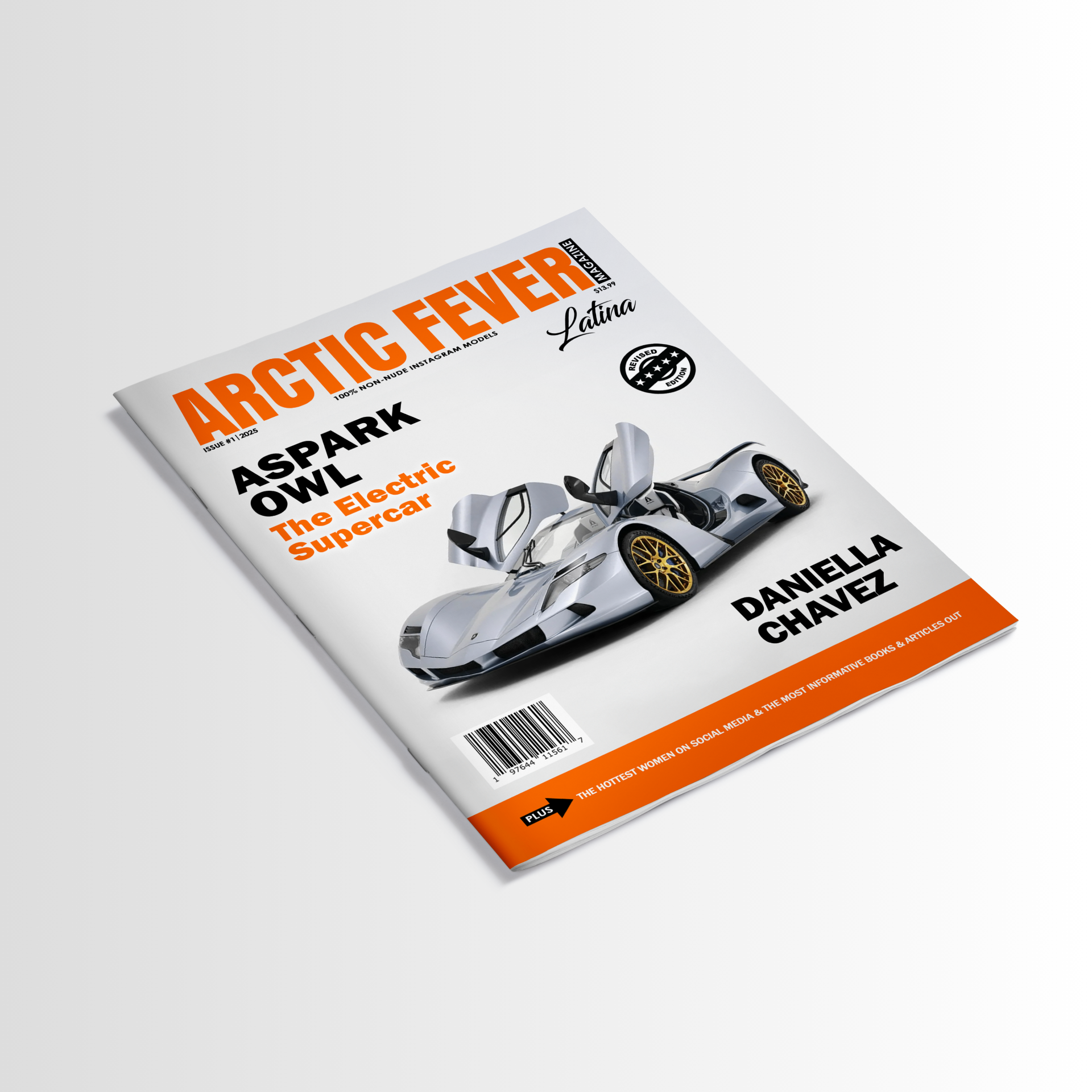 Arctic Fever magazine cover design featuring the Aspark Owl electric supercar