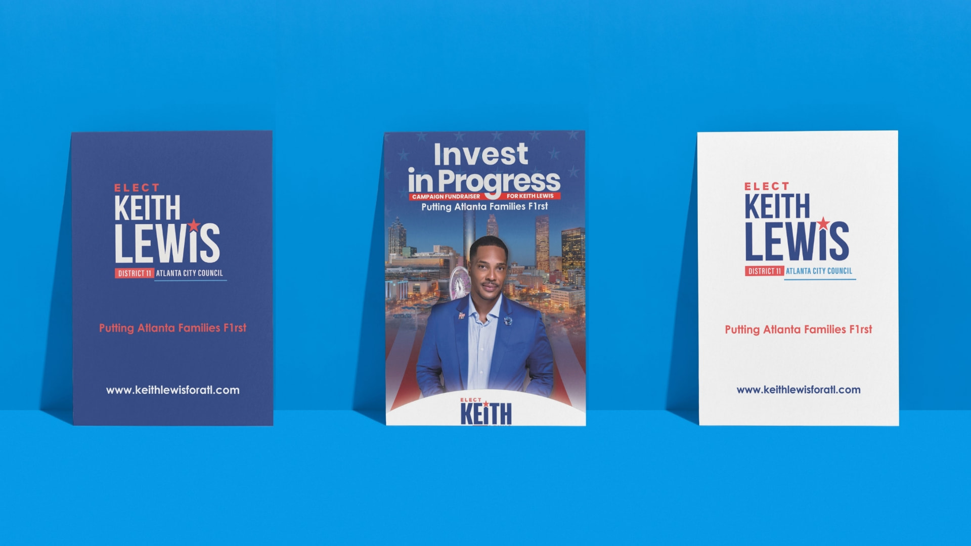 Three Keith Lewis campaign print pieces on a blue background, including the Invest in Progress fundraiser flyer