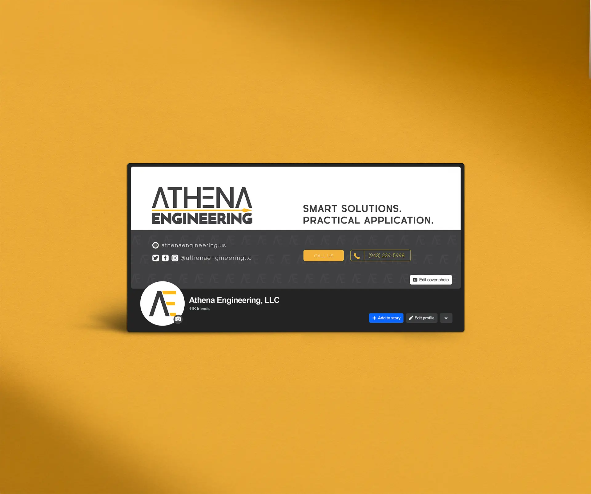 Social media profile banner with the Athena Engineering logo and Smart Solutions. Practical Application. tagline