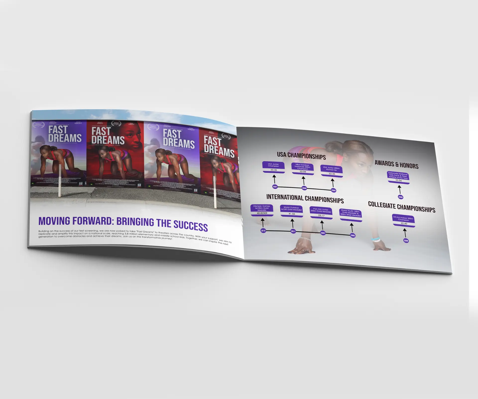 Deck spread showing Fast Dreams film poster variants and the moving forward narrative section