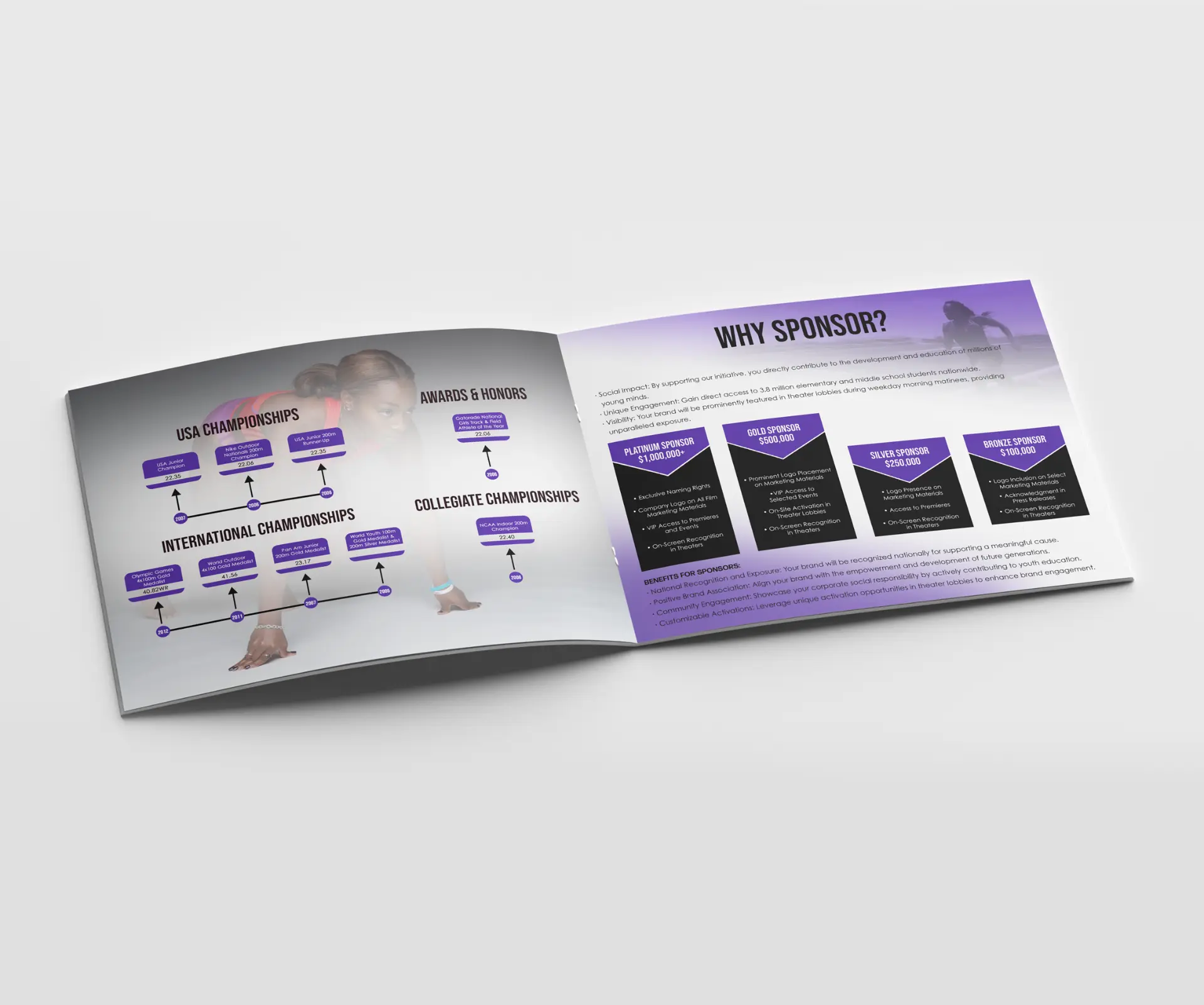 Deck spread showing championship timelines, awards and honours alongside the sponsor tiers page