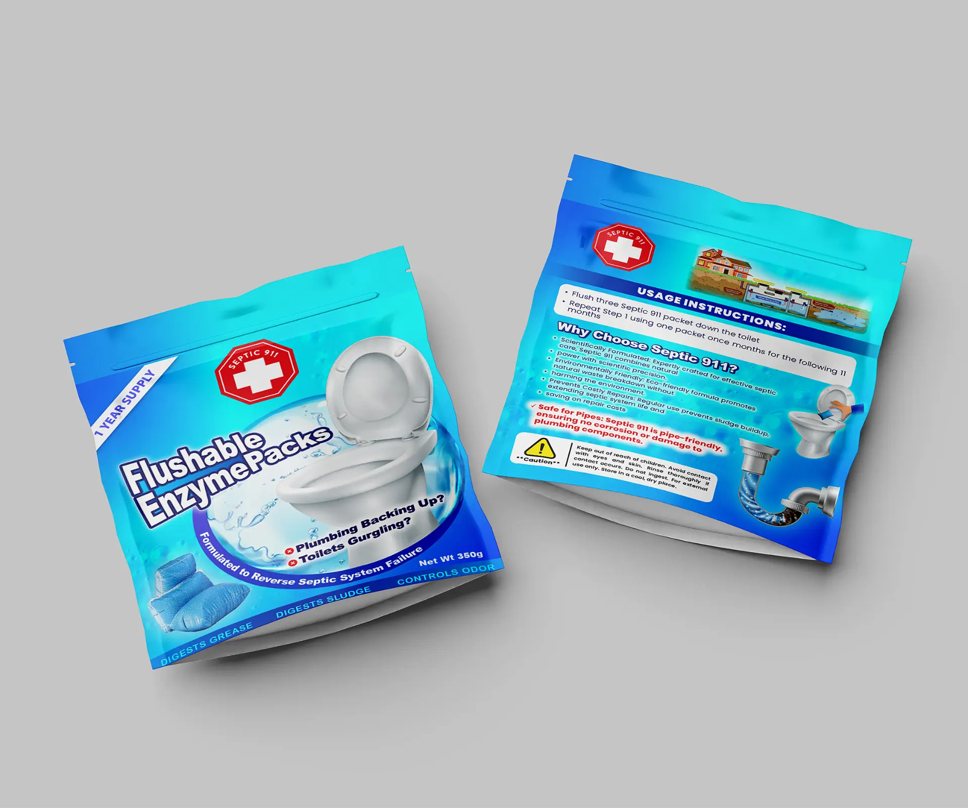 Septic 911 flushable enzyme packs packaging design, front and back