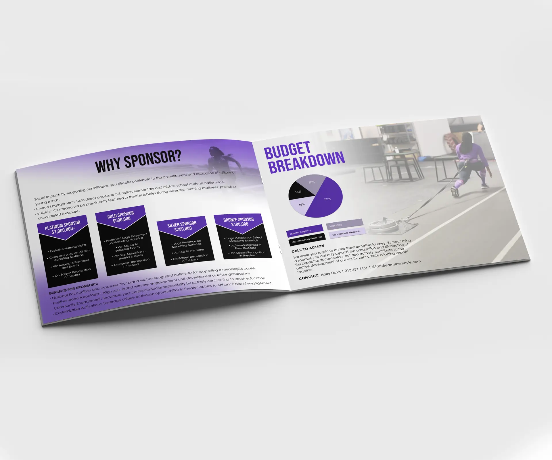 Open deck spread showing Why Sponsor tiers and a budget breakdown pie chart