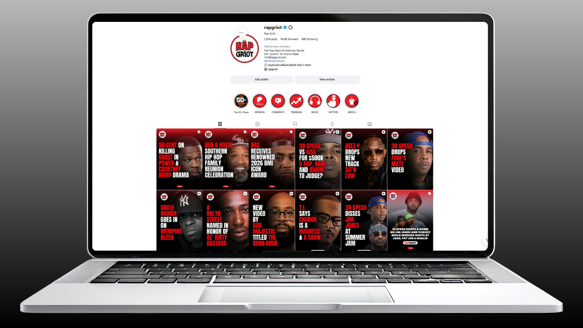 RapGriot Instagram profile grid of hip-hop news posts shown on a laptop screen